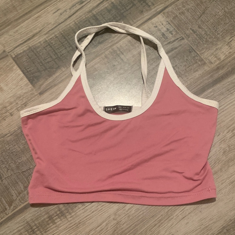 SHEIN Pink Halter Crop Top with White Edging